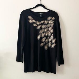 Alfani Petite Black and Gold Embroidered Sequin Knit Top PL Peacock Feathers